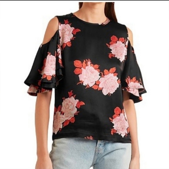 Ganni Pink Peony Print Cold Shoulder Top - Picture 1 of 6